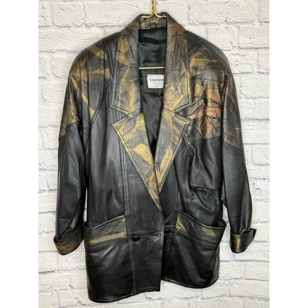 Toppolino Vintage Leather 1 Button Gold Embossed Black Women's Jacket SZ 36 MED
